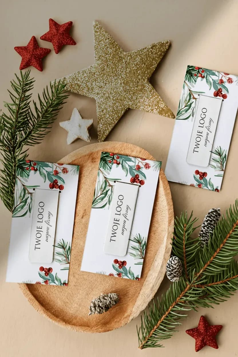 Zakładka magnetyczna z logo na kartoniku, akwarelowe gałązki i ostrokrzew | Prezent firmowy dla klientów | ZKS15