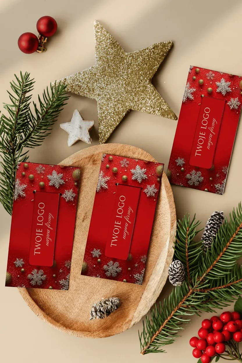 Elegancka zakładka magnetyczna z Twoim logo, czerwone tło i śnieżynki | Świąteczne upominki dla firm | ZKS16