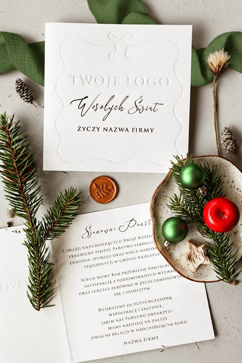 Minimalistische Firmen-Weihnachtskarte mit geprägtem Rahmen & Schleife | Business-Karten mit Logo | TO4