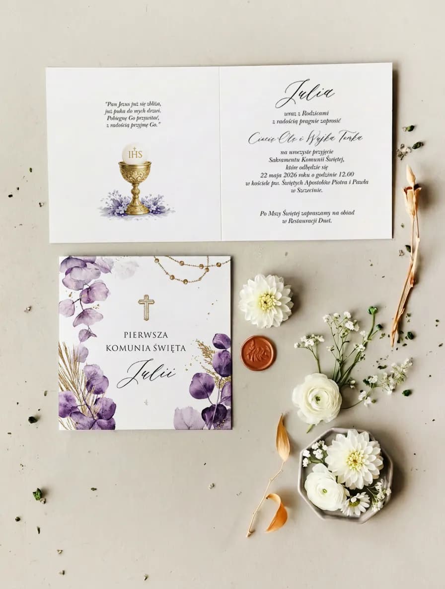 Kommunionseinladungen mit Lavendel und Gold – Matylda Nr. 10