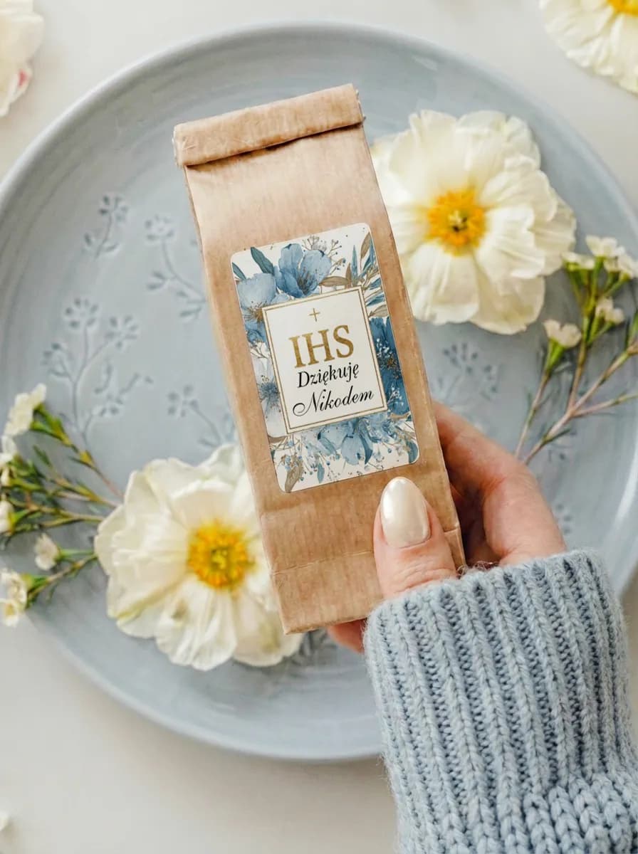 Gastgeschenk Kommunion Tee mit blauen Blumen und IHS-Symbol | Geschenk Kommunion | Matylda Nr. 24
