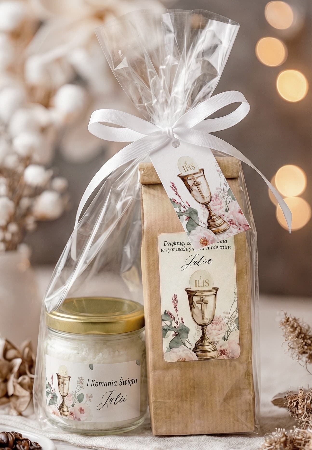 Gastgeschenke zur Erstkommunion Tee 50 g und Kerze, rosa Blumen | Kommunionspräsente | Matylda Nr. 12