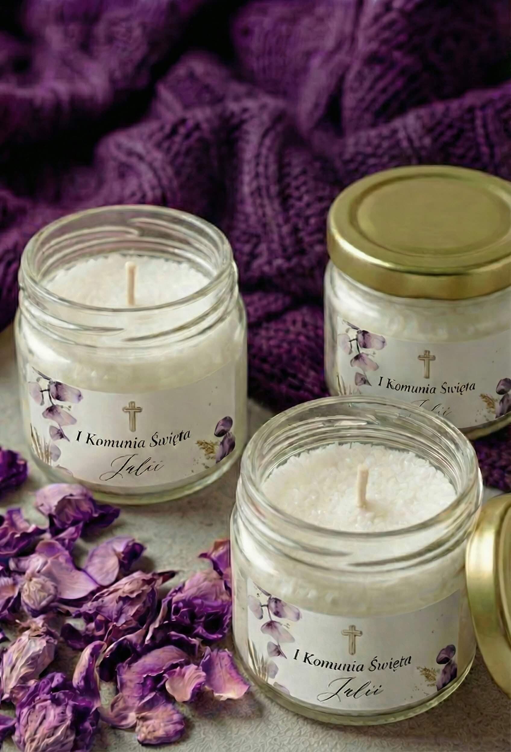 Sojakerze Matylda Nr. 10 – Violette Blüten und Kommunion-Dankeschön