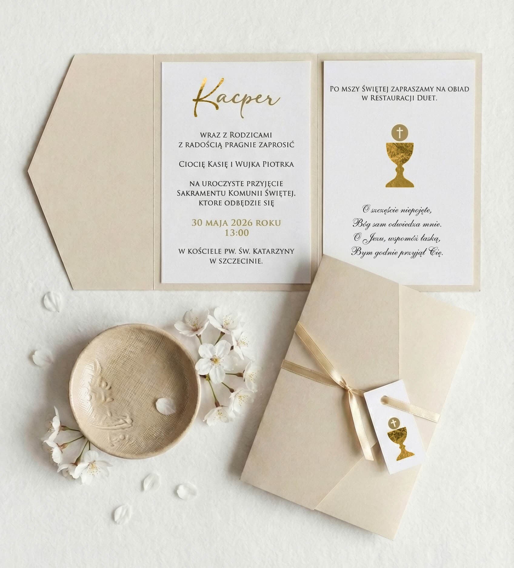 Einladungskarten zur Kommunion Adelia Nr. 1 – Beige mit Goldprägung