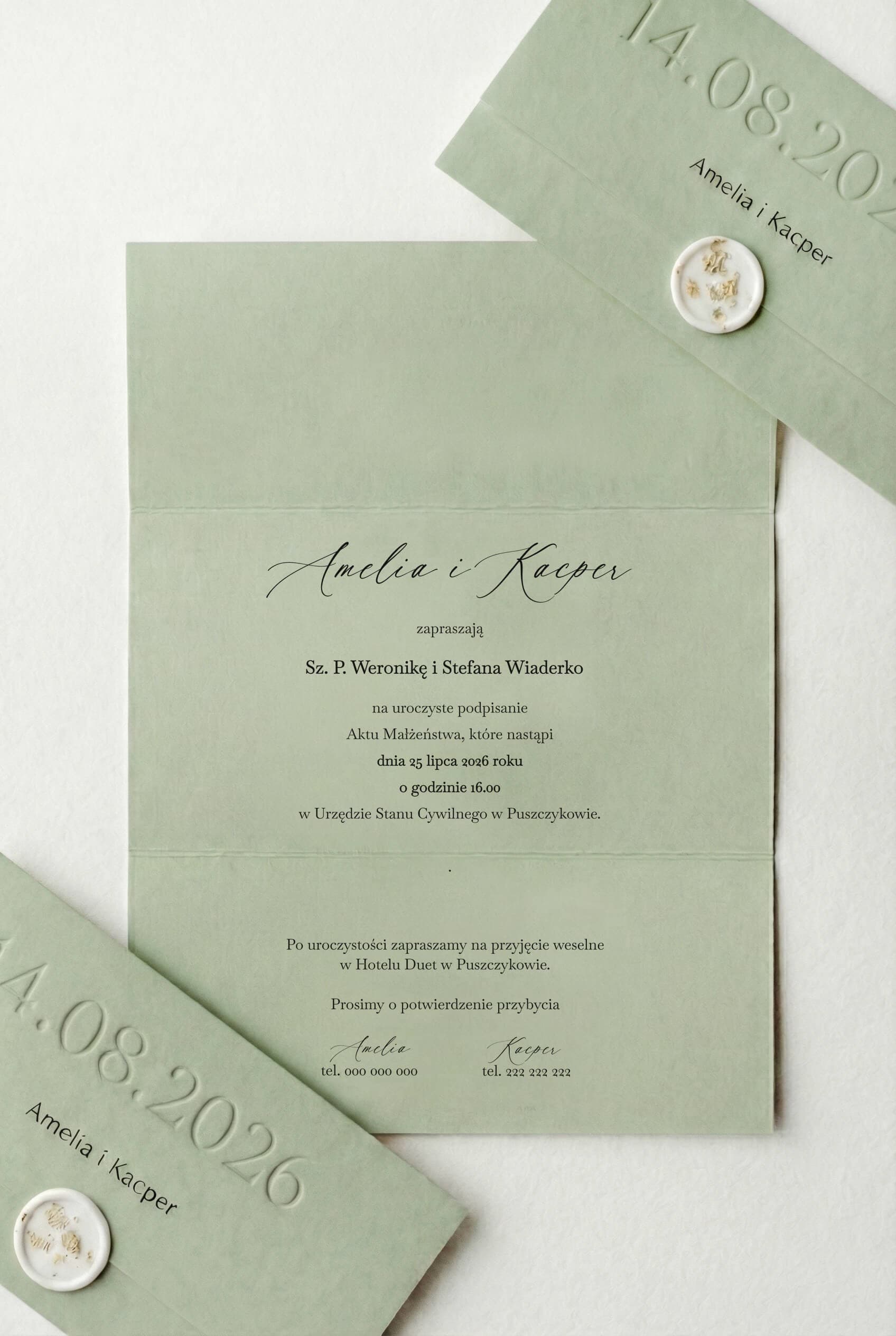 Hochzeitseinladung Gaja Nr. 2 – Salbeigrün mit Letterpress-Prägung - 2