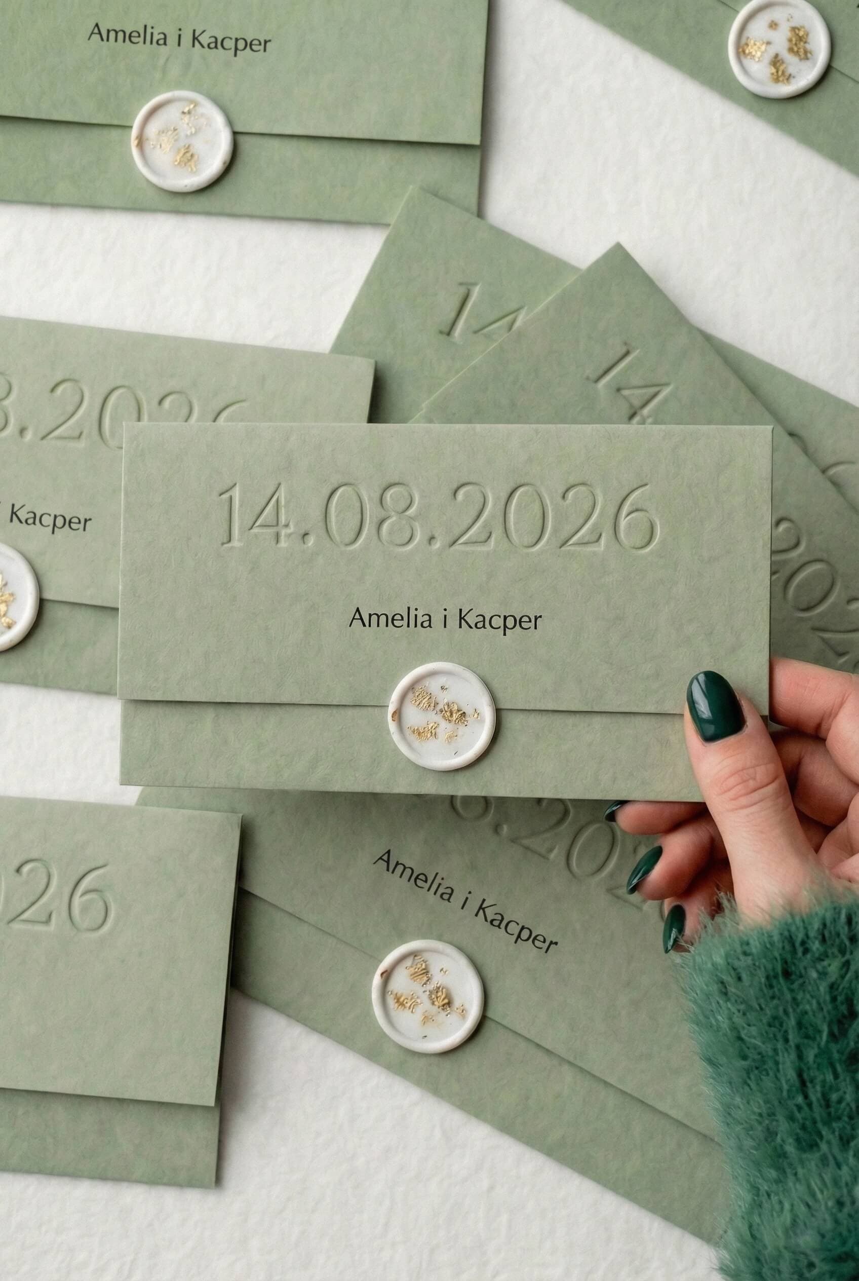 Hochzeitseinladung Gaja Nr. 2 – Salbeigrün mit Letterpress-Prägung - 3