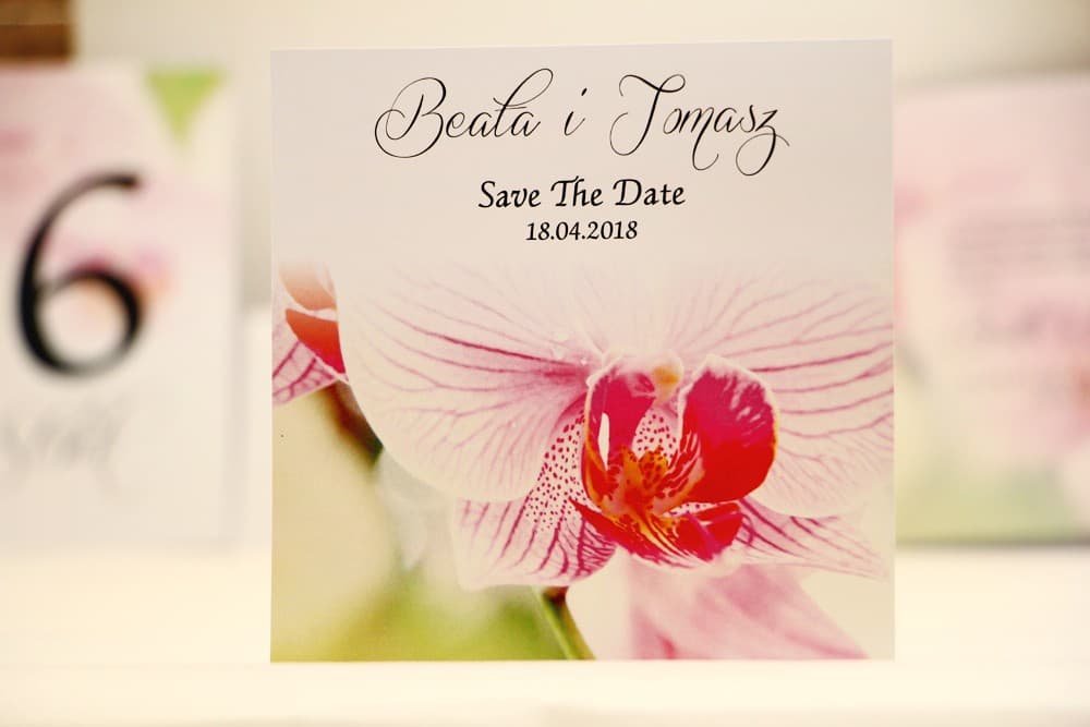 Eleganckie Save The Date z Różową Orchideą, Kwiatowe | Zawiadomienie o dacie ślubu | Elegant nr 13