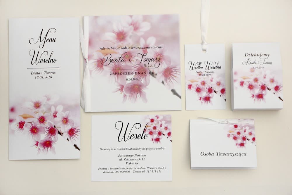 Hochzeitseinladungen mit Transparentpapier und Satinband, romantische Kirschblüten – Elegant Nr. 23