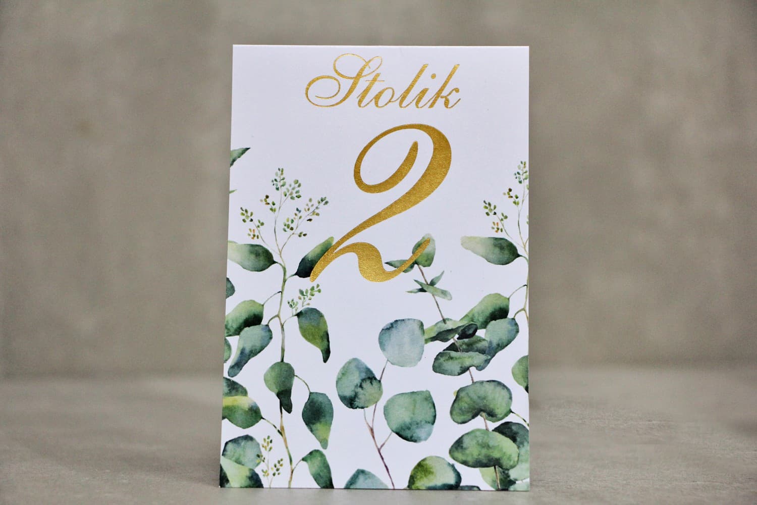 Złocone Numerki na Stół Stojące Eukaliptus | Numery na Stoły Weselne w Stylu Botanicznym | Sorento nr 9
