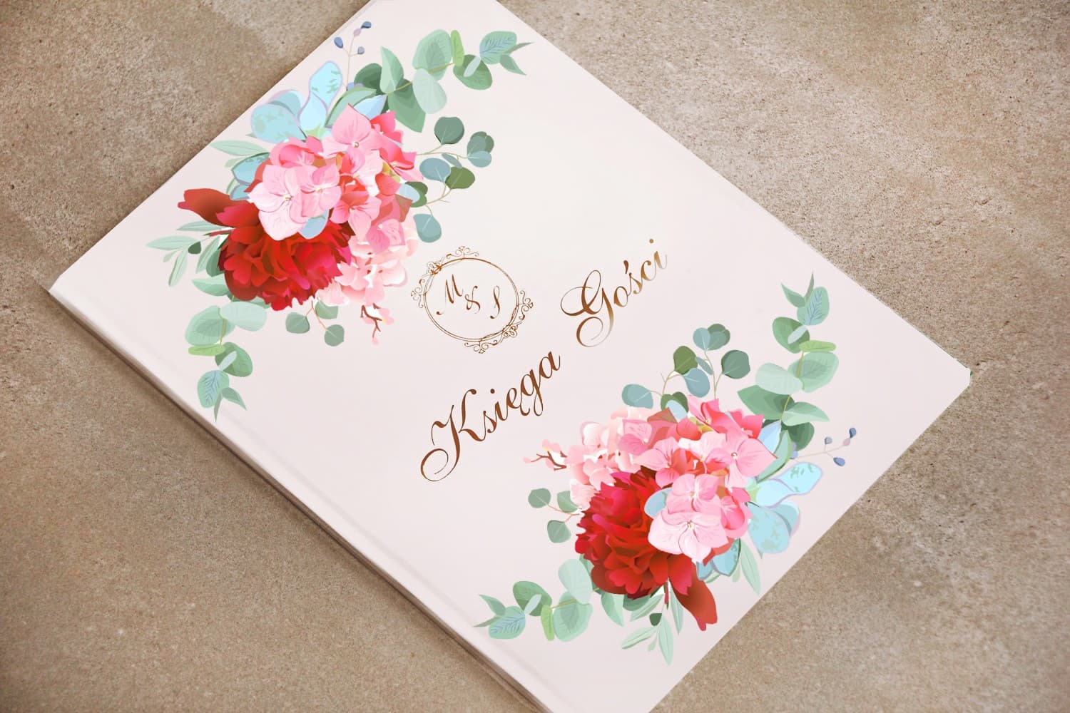 Księga Gości Weselnych A4 Kwiaty Akwarela, Złoty Monogram | Personalizowana Księga Gości | Sorento Nr 14