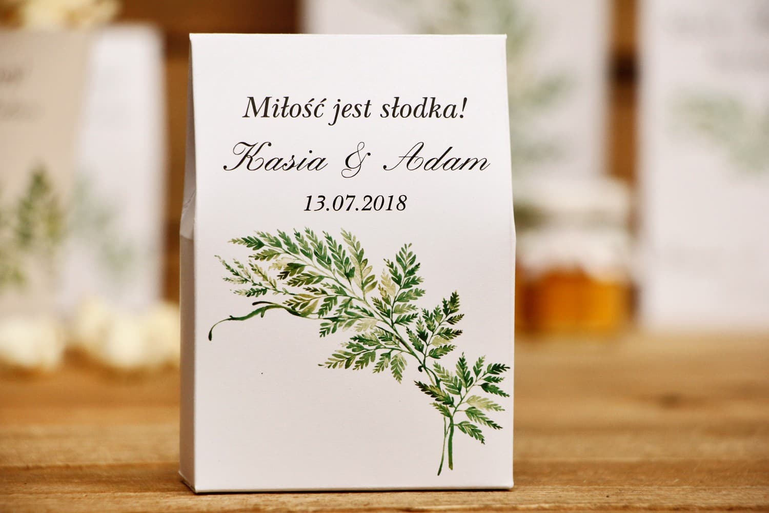 Personalizowane Pudełeczka z Karmelkami i Motywem Liści | Podziękowania dla Gości Weselnych | Kalia nr 1