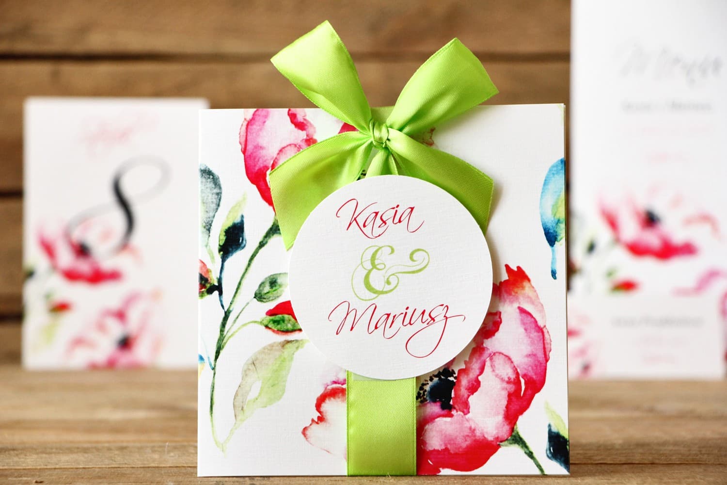 Quadratische Hochzeitseinladungen im Etui mit Anemonen und Schleife – Kollektion Malowane Kwiaty Nr. 6 - 3