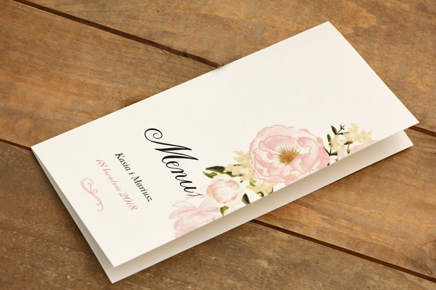 Menu Weselne Stojące Pudrowe Piwonie | Karta Menu na Stół z Kwiatami | Malowane Kwiaty nr 12