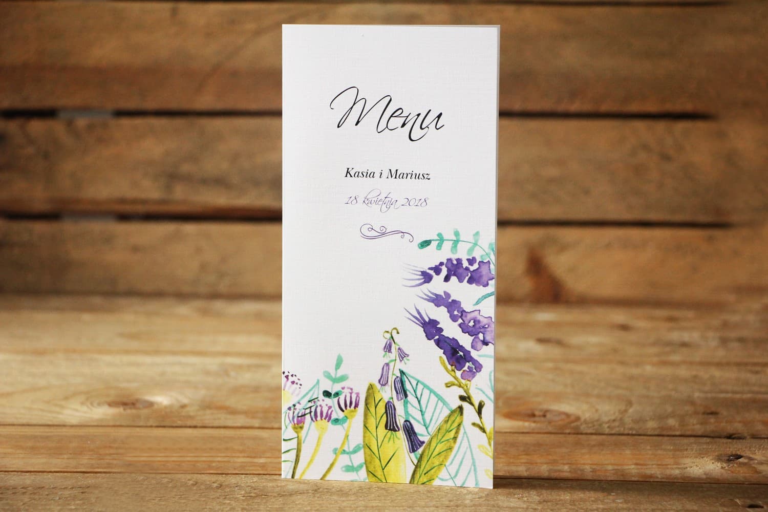 Menu Weselne Fioletowe Polne Kwiaty Akwarela | Stojąca Karta Menu na Stół | Malowane Kwiaty nr 22