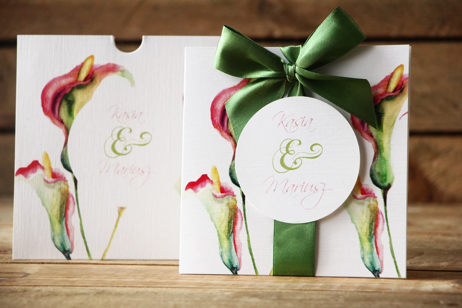 Hochzeitseinladungen mit rosa Callas auf weißem Leinenpapier – Malowane Kwiaty Nr. 25 - 3