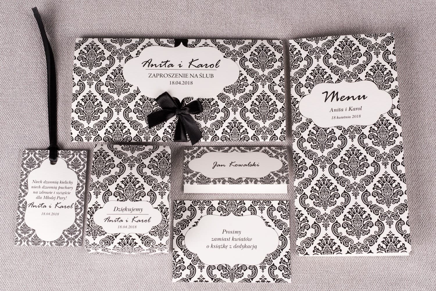 Glamour Hochzeitseinladungen mit schwarzer Satinschleife Madras Nr. 1 - 3