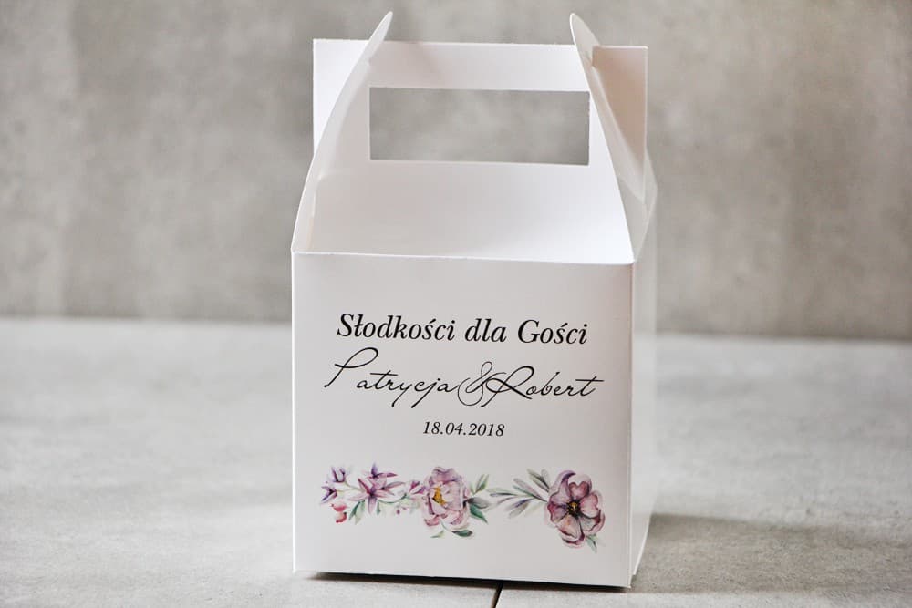 Pudełko na Ciasto Weselne z Uchwytem Kwiaty Bzu i Peonii | Personalizowane Podziękowania dla Gości | Pistacjowe nr 15