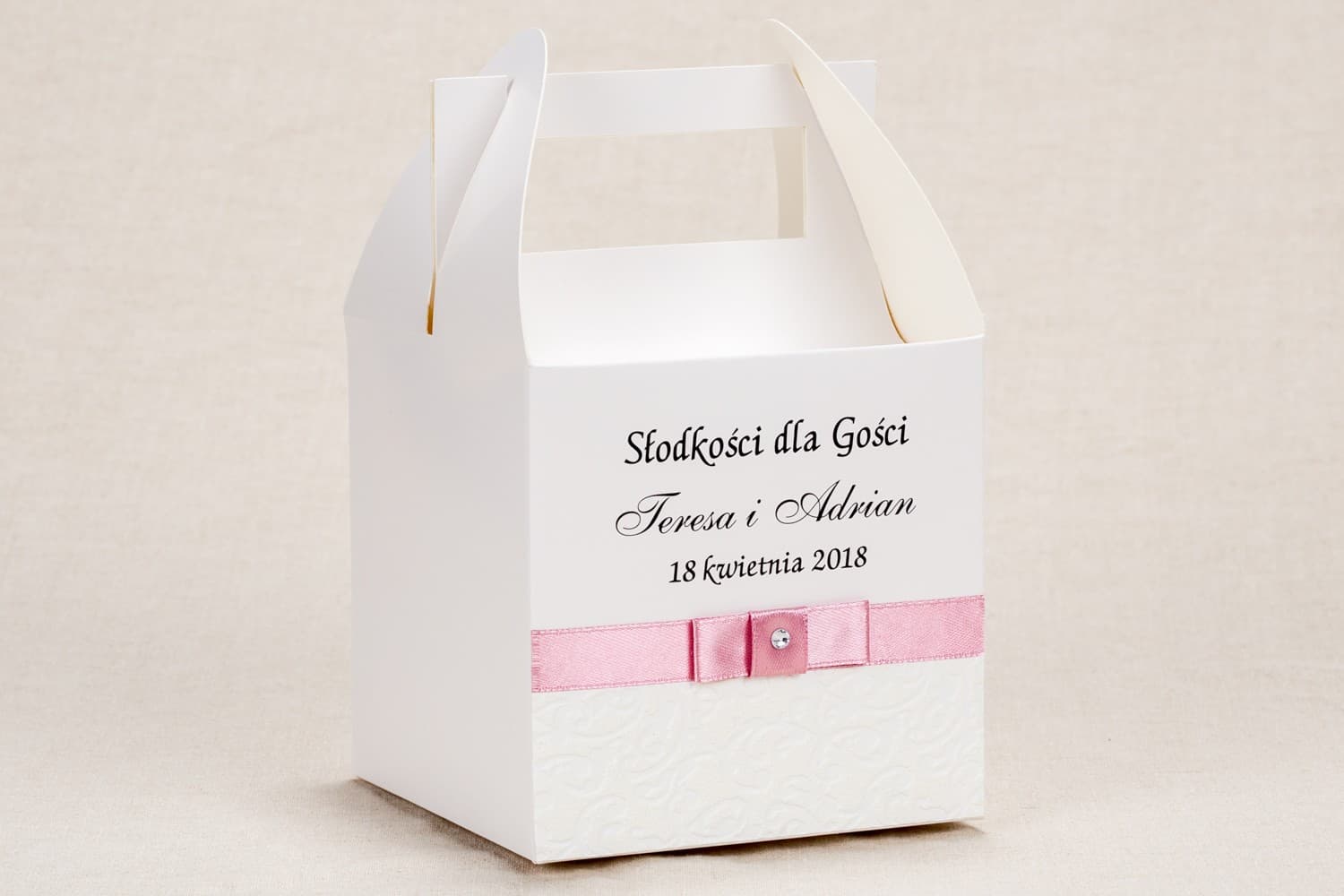 Eleganckie Pudełka na Ciasto Weselne z Rączką, Biała Koronka | Opakowania dla Gości | Klaris nr 4
