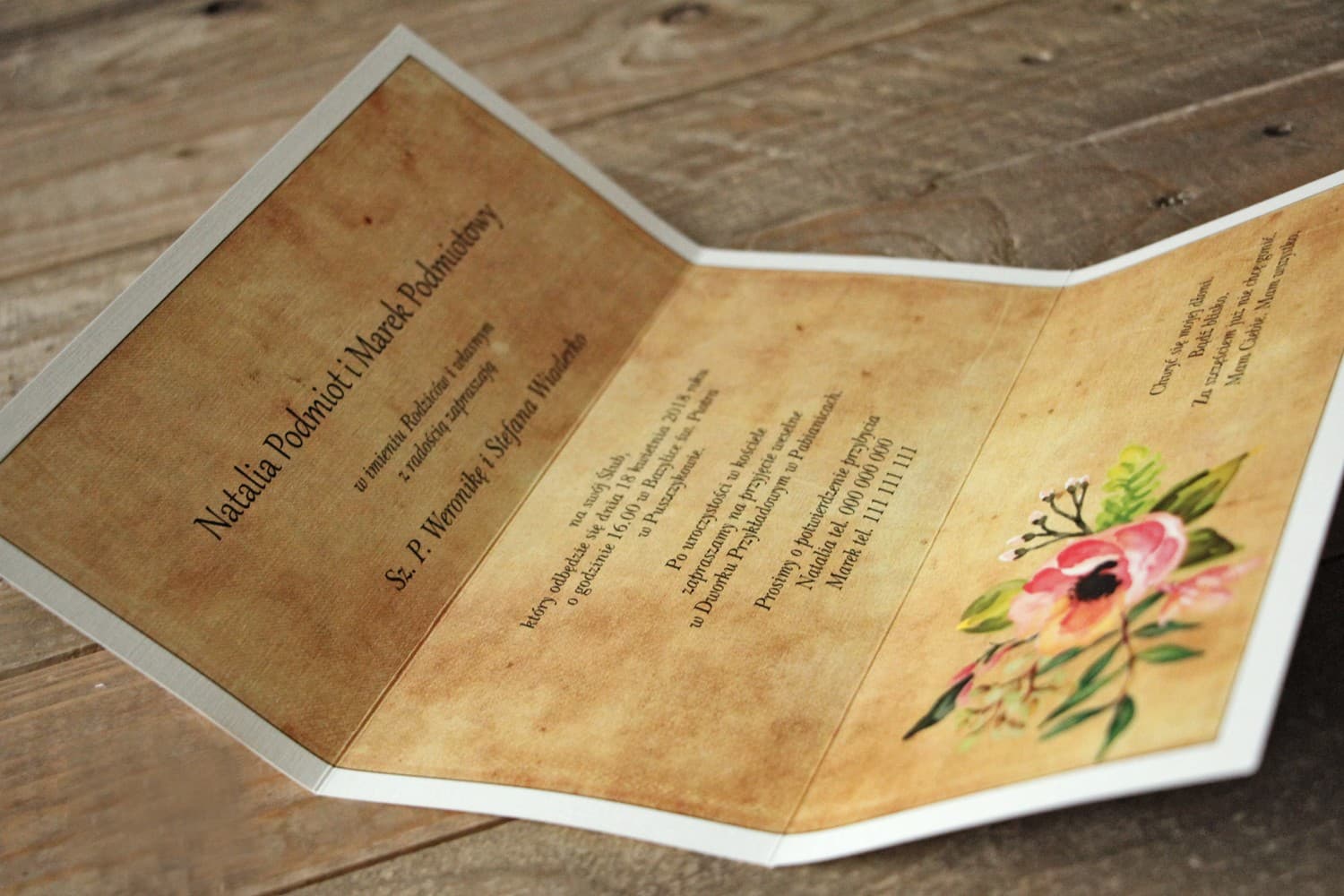 Boho Hochzeitseinladungen mit rosa Blumen auf Leinenpapier – Karmelowe Nr. 2 - 2