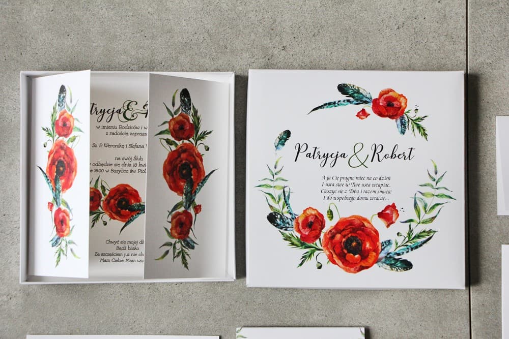 Hochzeitseinladungen in der Schachtel Pistacjowe Nr. 19 – Mohnblumen und Federn - 2