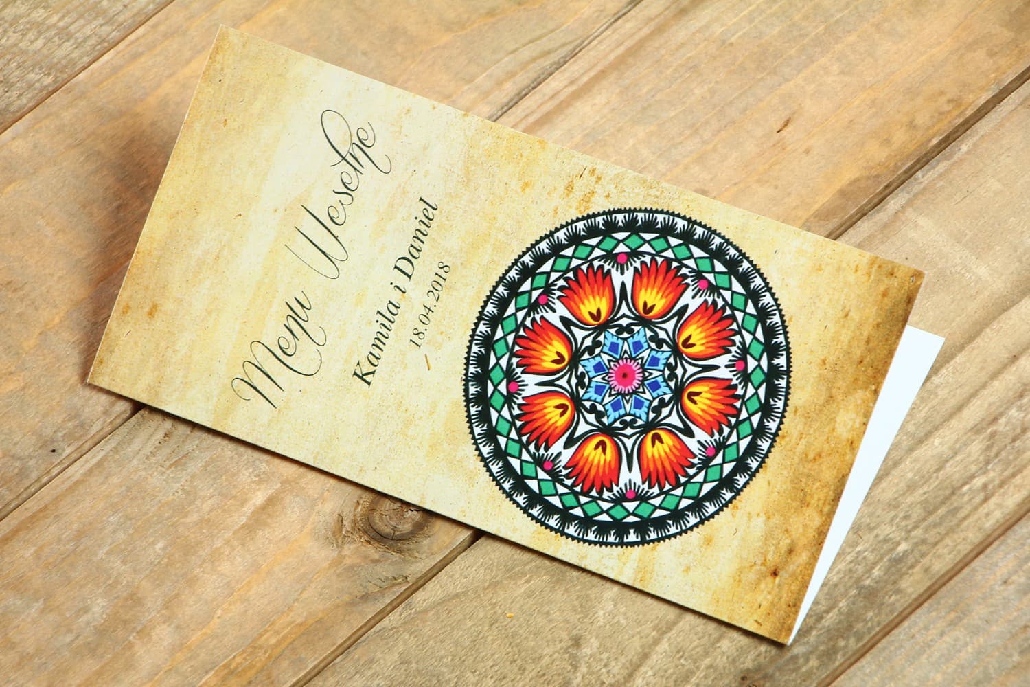 Menu Weselne Folkowe z Motywem Łowickim | Personalizowane Karty Dań na Wesele | Folk nr 1