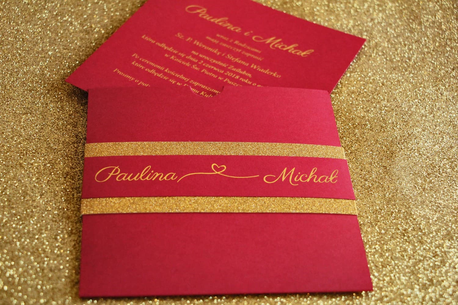 Zaproszenia ślubne glamour bordowe ze złoceniem i brokatem Glamour nr 2 - 3