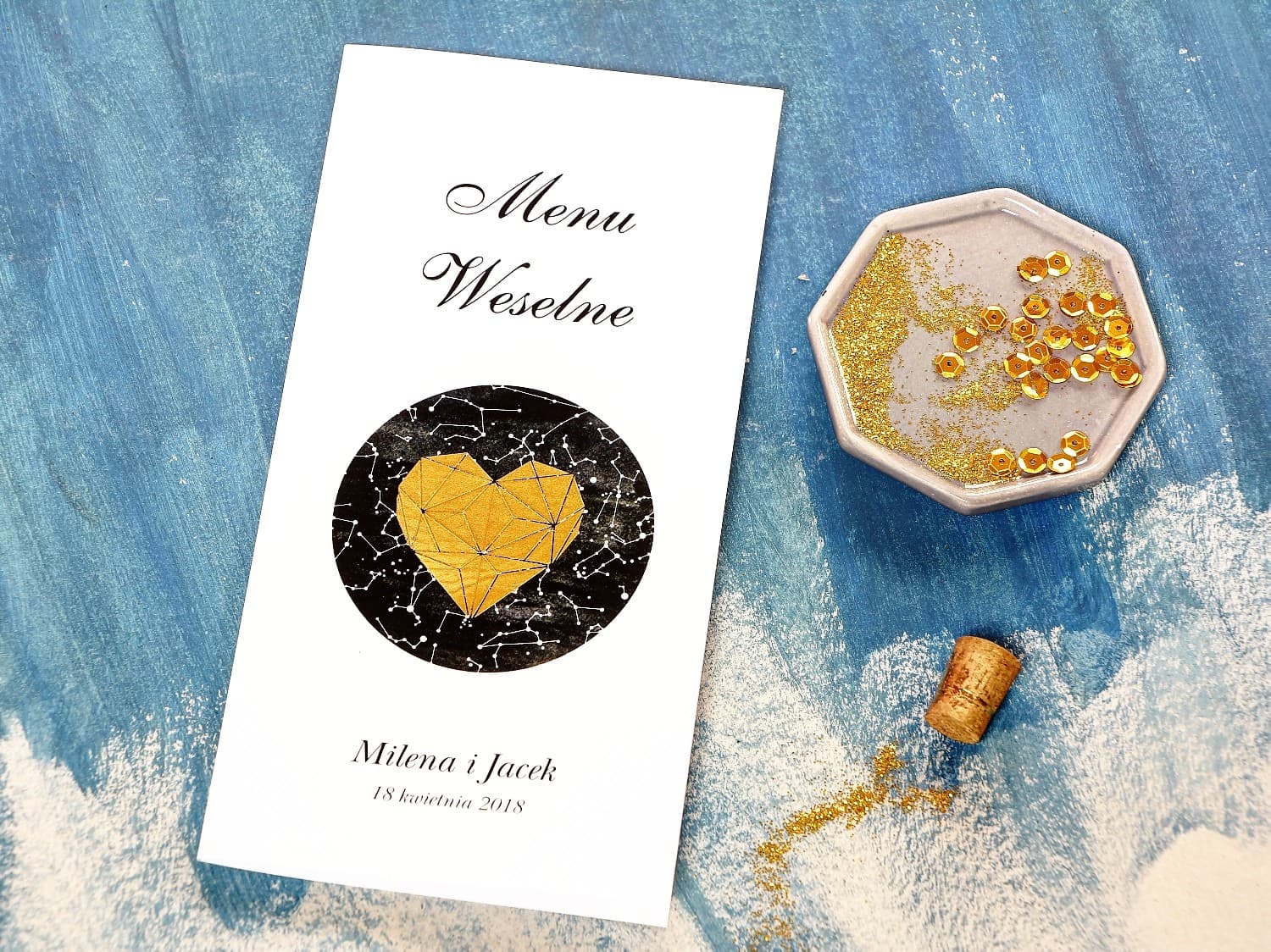 Menu Weselne Granatowe Złocone z Motywem Gwiazd | Eleganckie Menu na Stoły Weselne | Księżycowa Noc Nr 2