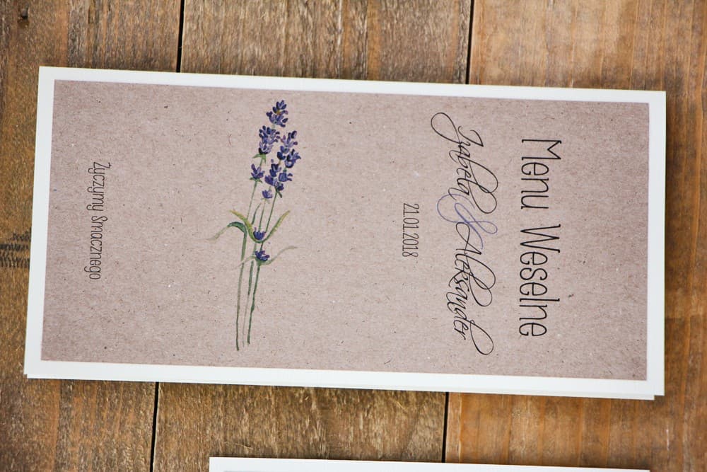 Rustykalne Menu Weselne z Lawendą, Ekologiczny Papier Kraft | Menu na Stół Ślubny w Stylu Boho | Margaret nr 1