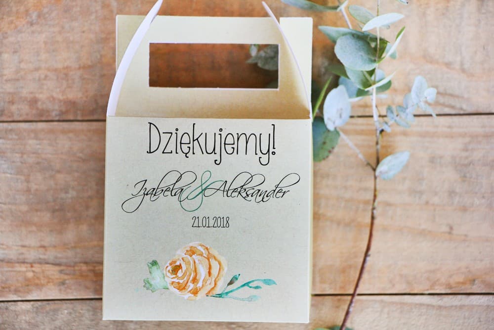 Eleganckie pudełko na ciasto z rączką, motyw akwarelowej róży | Personalizowane podziękowania dla gości | Margaret nr 3