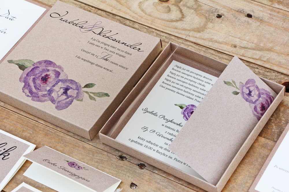 Hochzeitseinladungen mit Aquarell-Rosen in Violett in der Öko-Box – Margaret Nr. 4