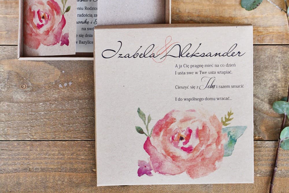 Hochzeitseinladungen Eco in der Box mit Aquarell-Rose, personalisiert – Margaret Nr. 6