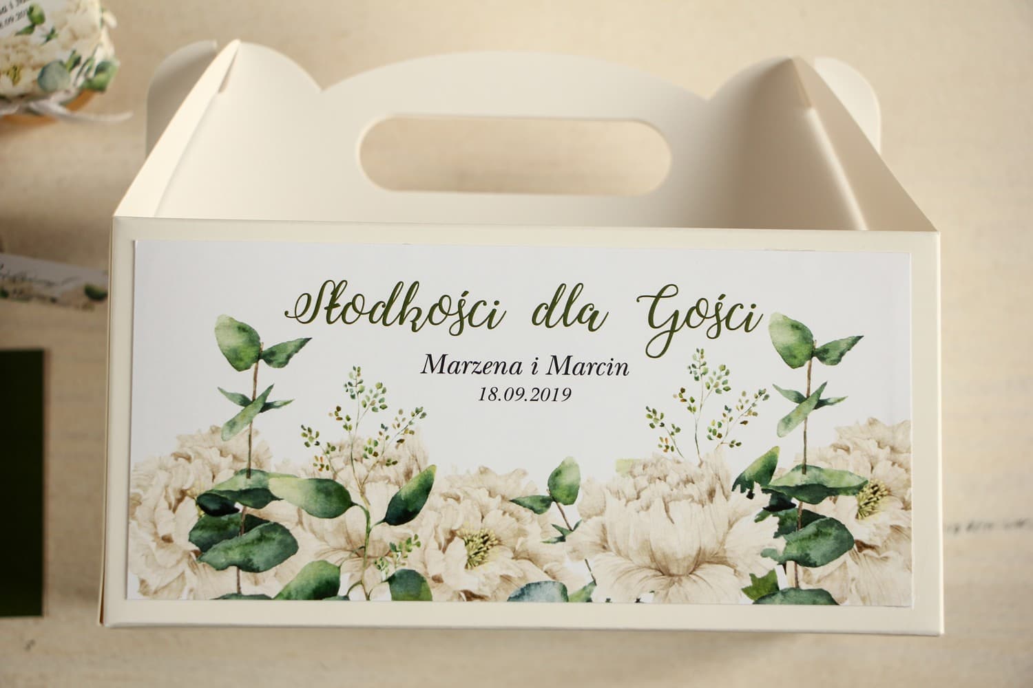Pudełko na ciasto weselne z rączką Greenery | Personalizowane podziękowanie dla gości | Aurum nr 3