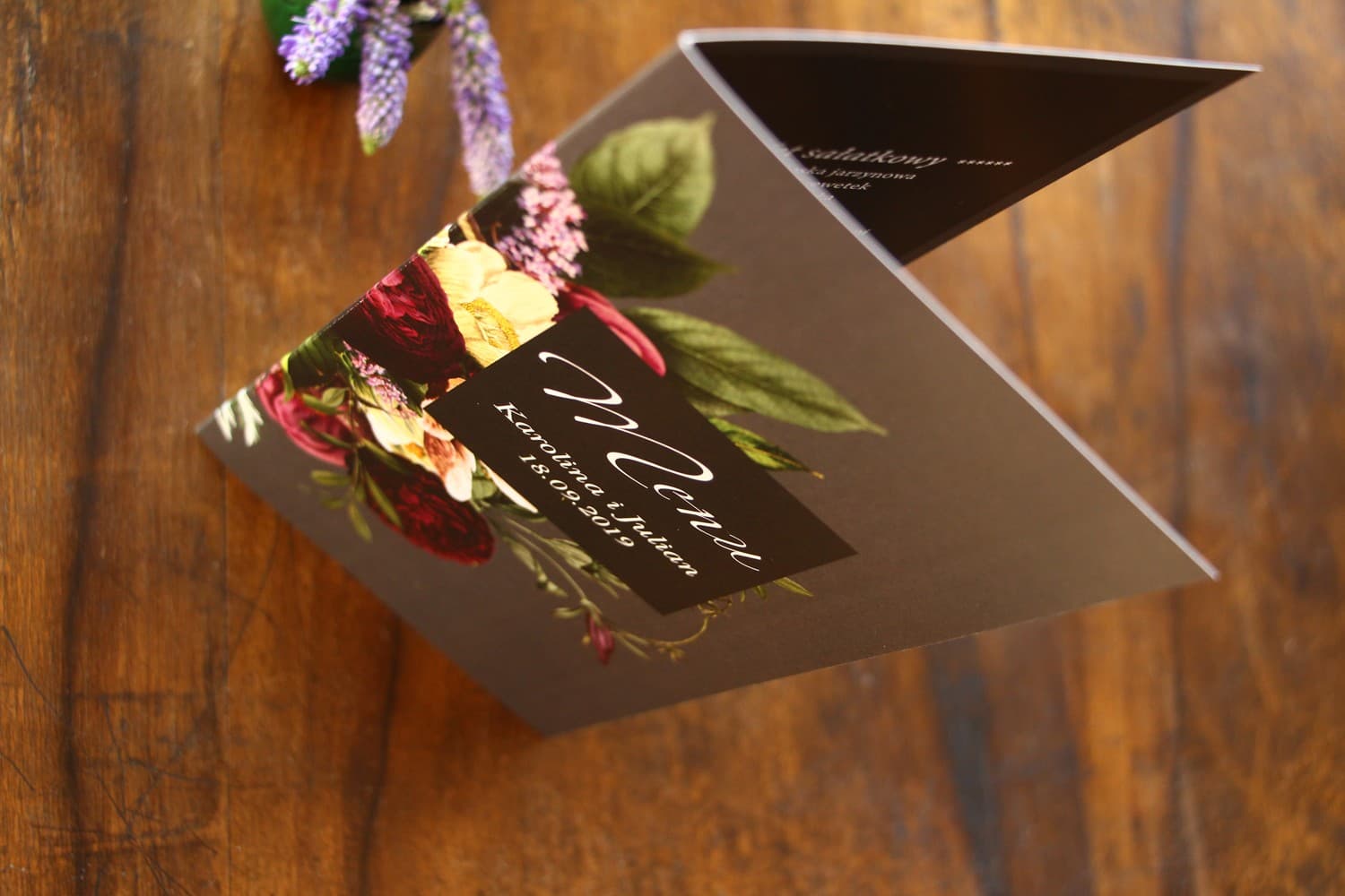 Eleganckie menu weselne z kwiatami vintage, składane | Karta dań na stół weselny | Eteryczne Nr 2 - 3