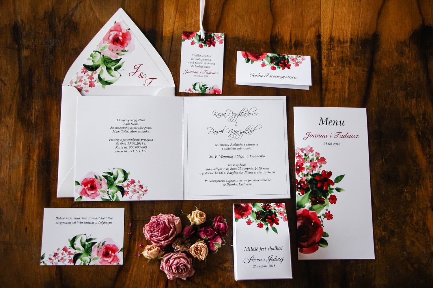 Zaproszenia ślubne w stylu boho z bordowymi kwiatami i zielenią – Kalia nr 11 - 2