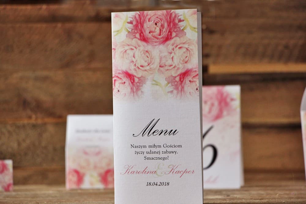 Eleganckie Menu Weselne Różowe Piwonie, Akwarelowy Motyw Kwiatowy | Karta Menu na Wesele | Akwarele nr 9