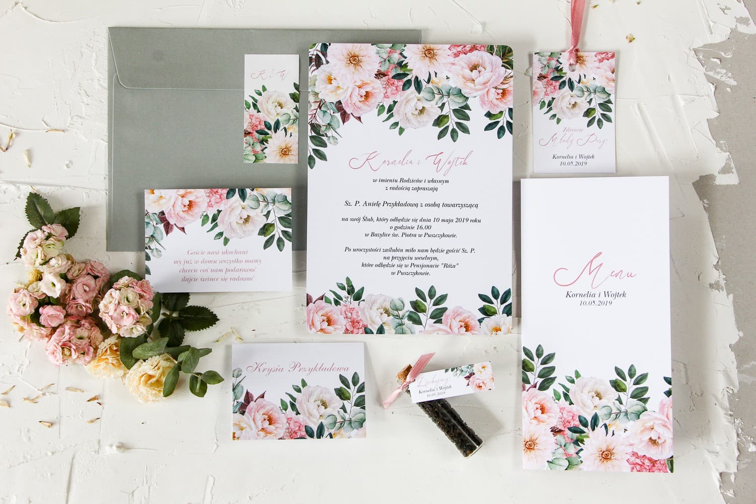 Boho Hochzeitseinladungen mit rosa Pfingstrosen und Dahlien – Wenis Nr. 6 - 2