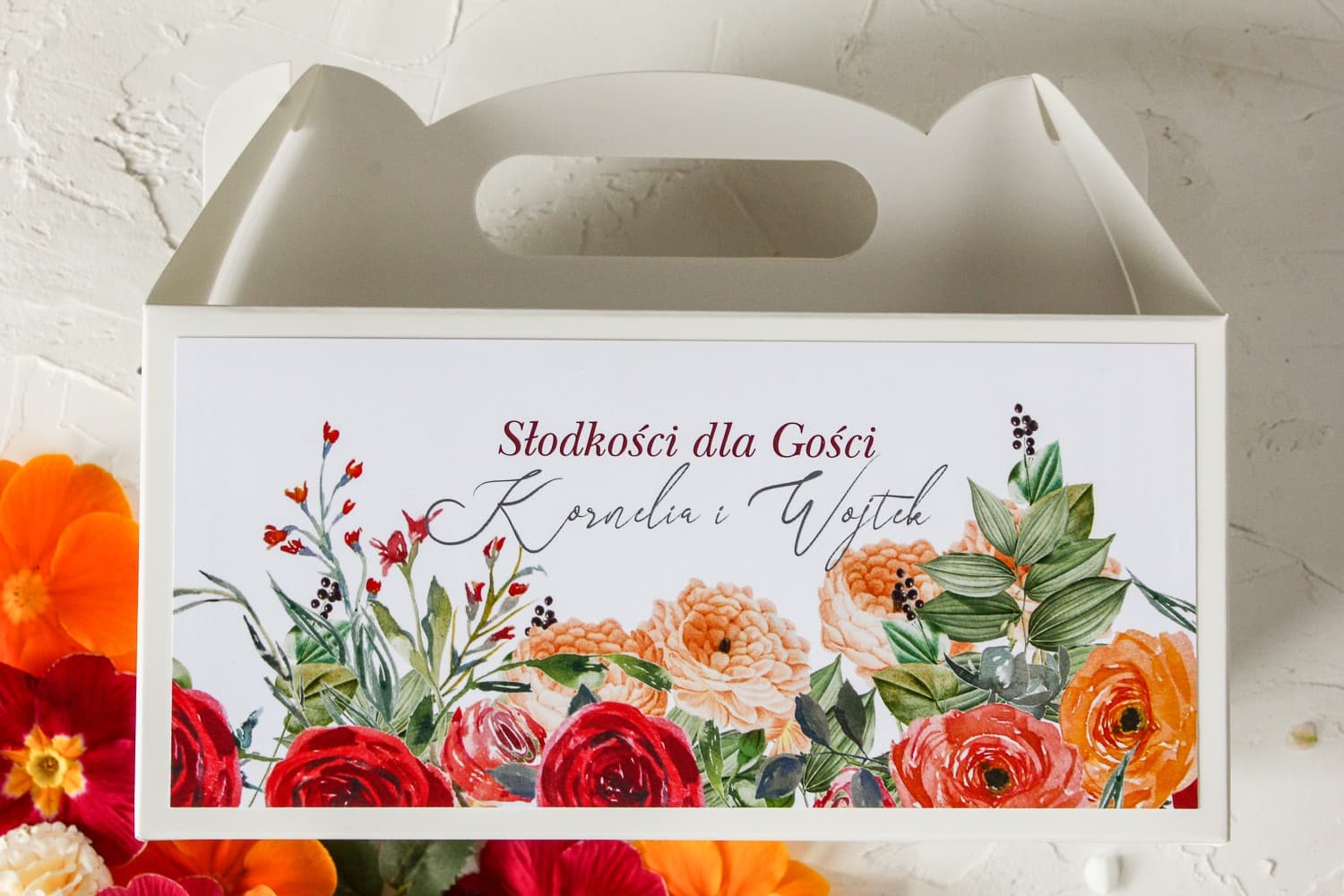 Pudełko na Ciasto Weselne z Rączką Kwiatowe | Personalizowane Opakowania dla Gości | Wenis nr 2