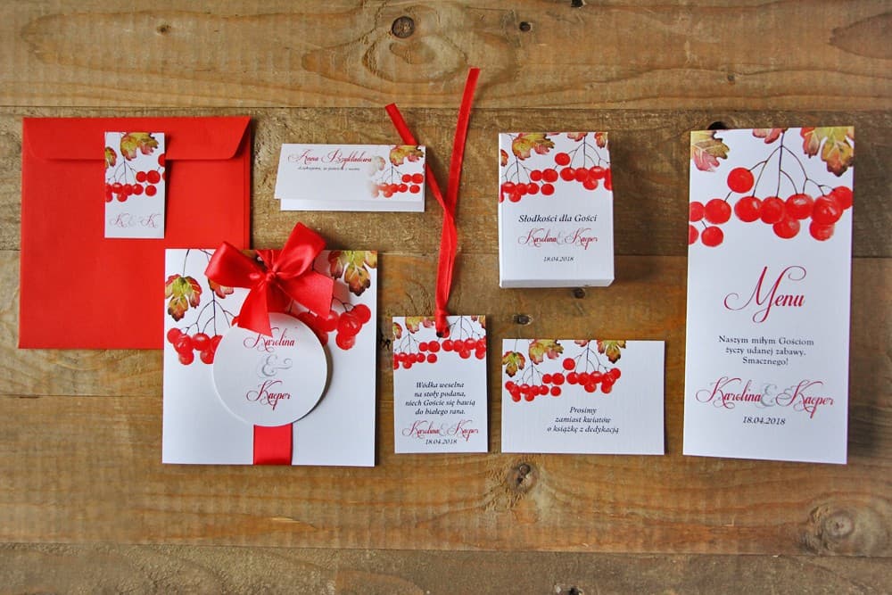 Zaproszenia ślubne akwarele z jarzębiną i czerwoną kokardką – Akwarele nr 12