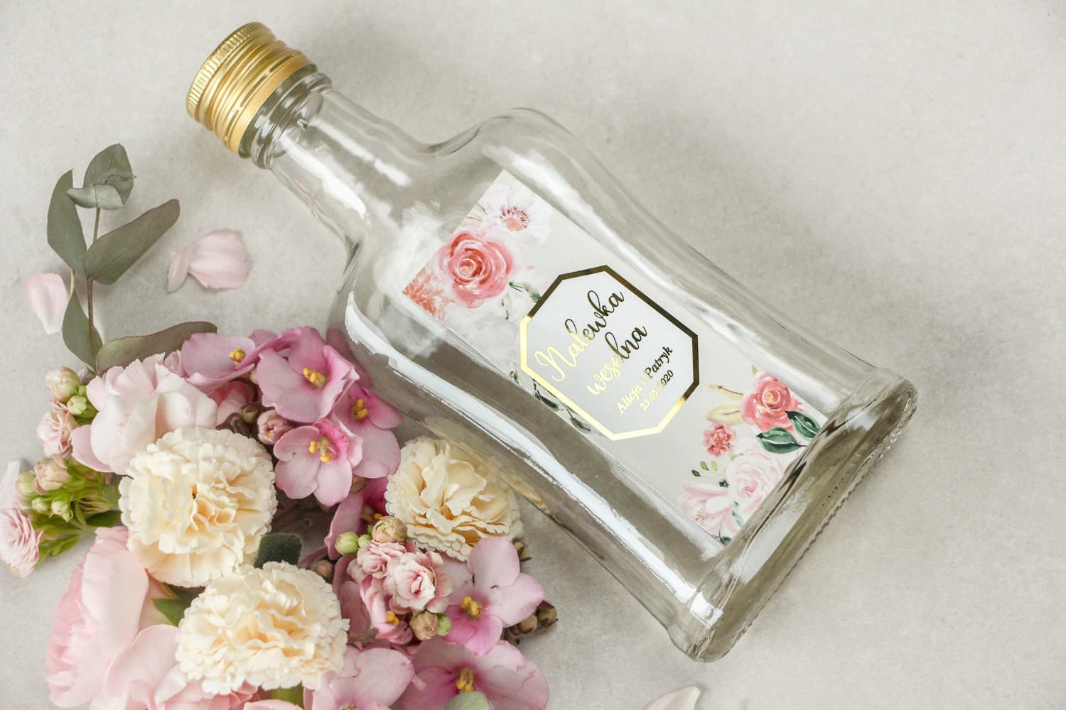 Eleganckie Butelki na Nalewki ze Złoconą Etykietą | Podziękowania dla Gości Weselnych | Lotus nr 1 - 2