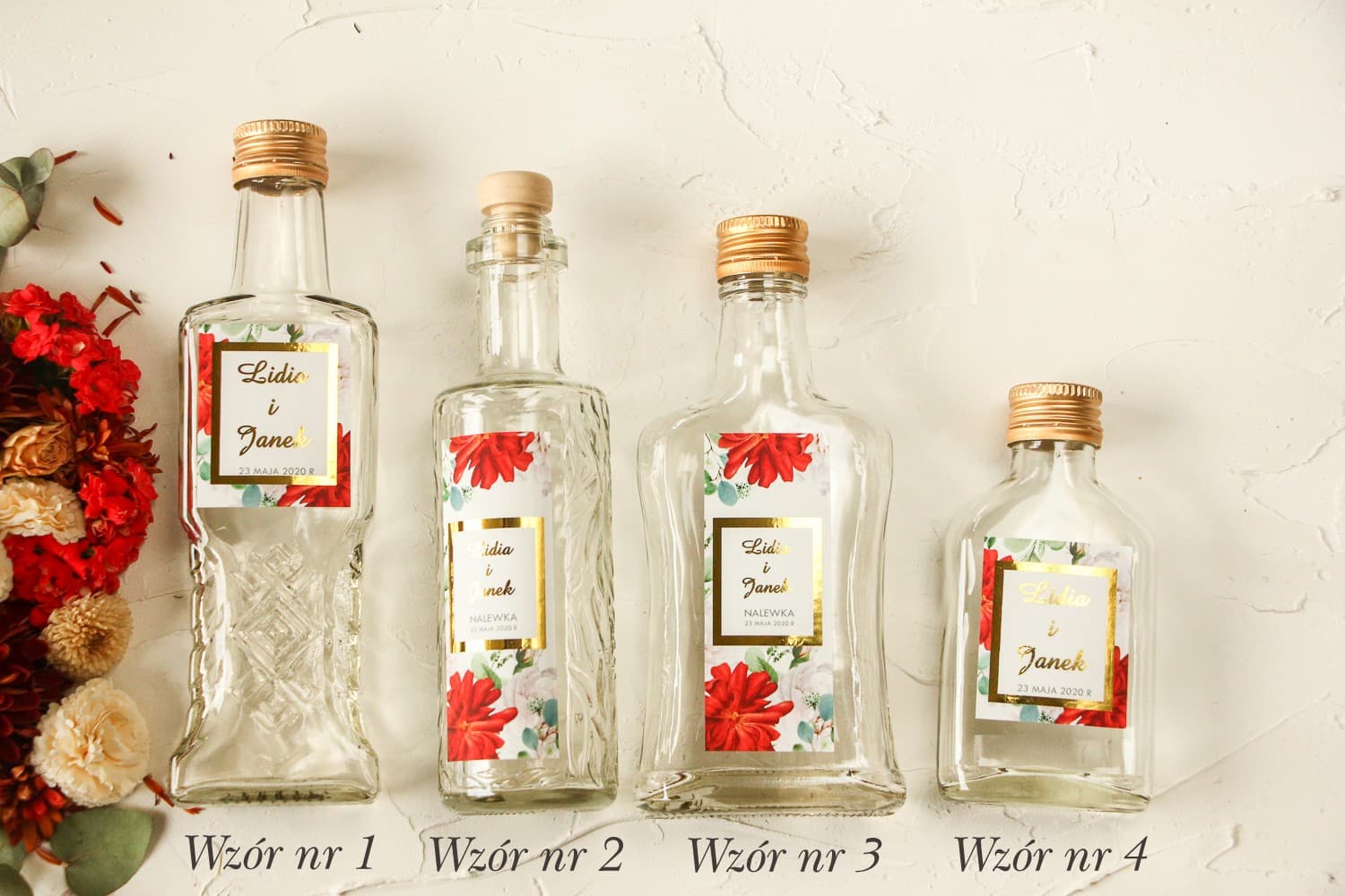 Buteleczki na Nalewki Weselne Prezent dla Gości | Złocone Etykiety z Różami | Avril nr 4