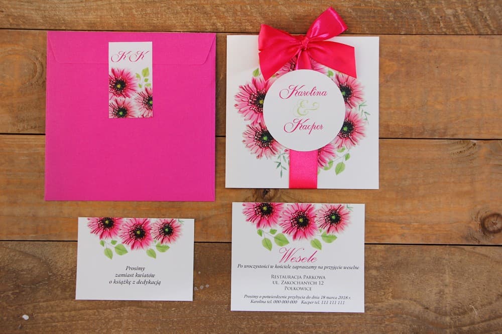 Boho Hochzeitseinladungen quadratisch mit Satinschleife und rosa Gerbera – Akwarele nr 20 - 3