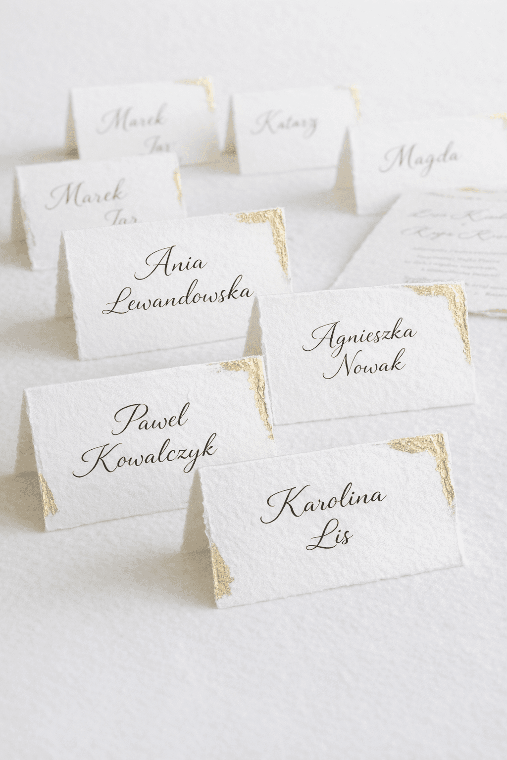 Simple calligraphed place cards with guest names and gold foil by Amelia Wedding Folded deckle edge wedding place cards Golden Edges No. 1 handmade by Amelia Wedding