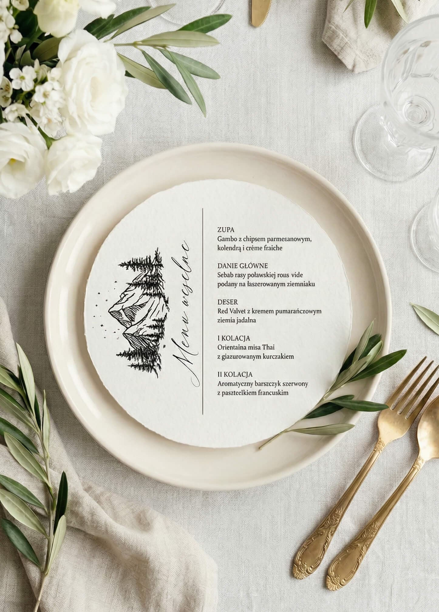 Górskie Menu Weselne Kraft nr 14 – Okrągła Karta z Czarnym Szkicem Szczytów