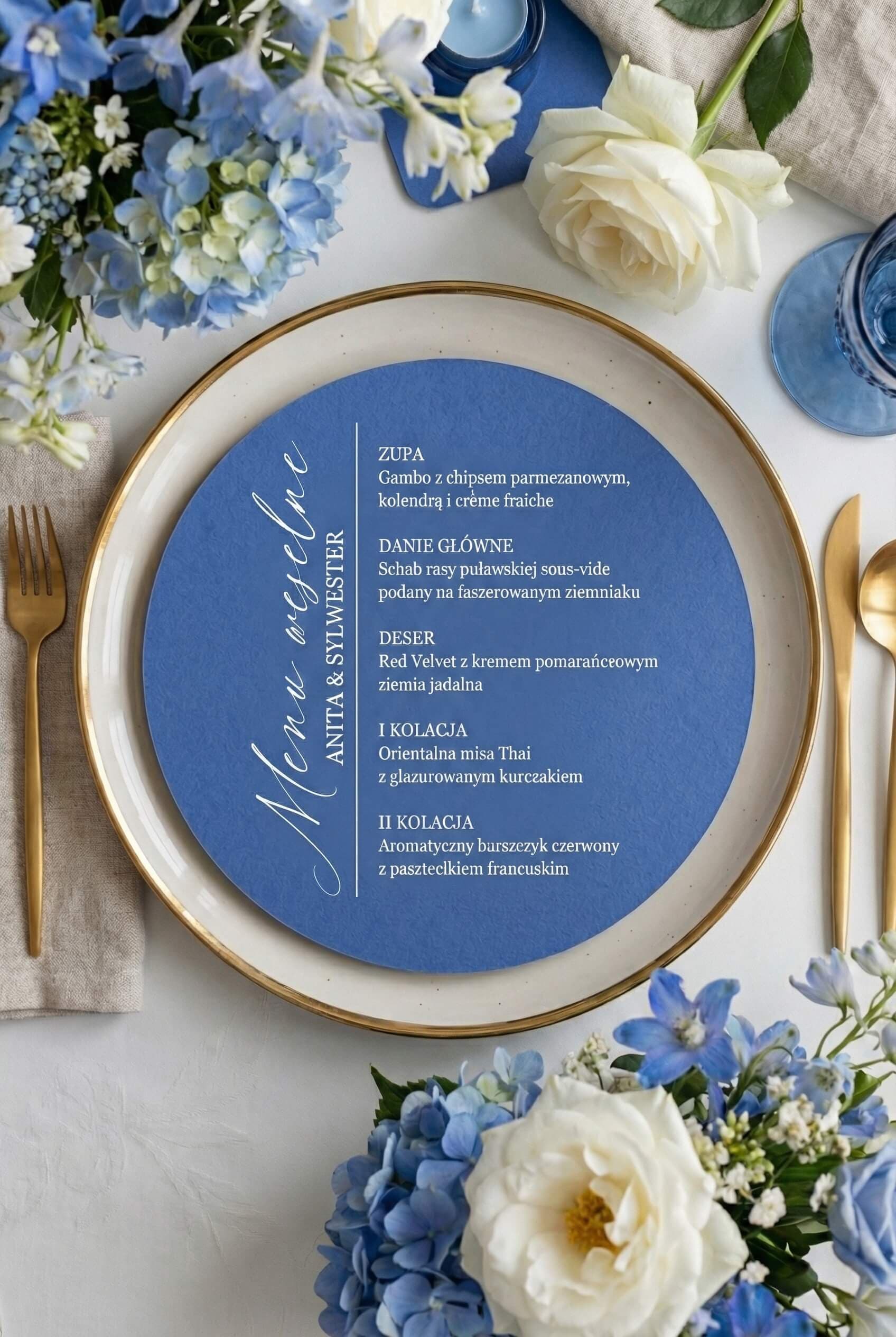 Hochzeitsmenü Kraft Nr. 7 – Runde Karte in Königsblau