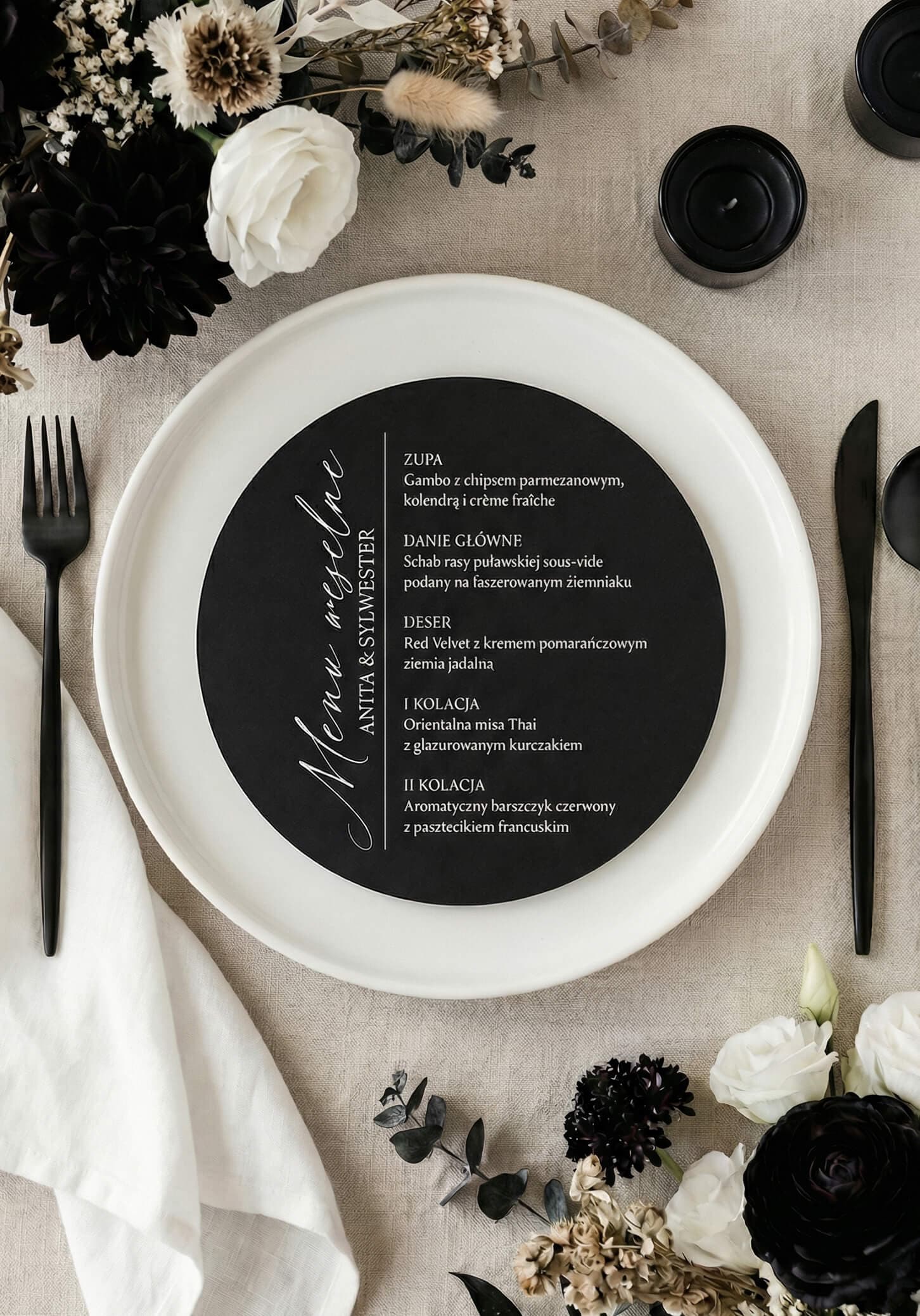 Menú de Boda Kraft nº 8 – Cartas Redondas Negras en Estilo Modern Glamour
