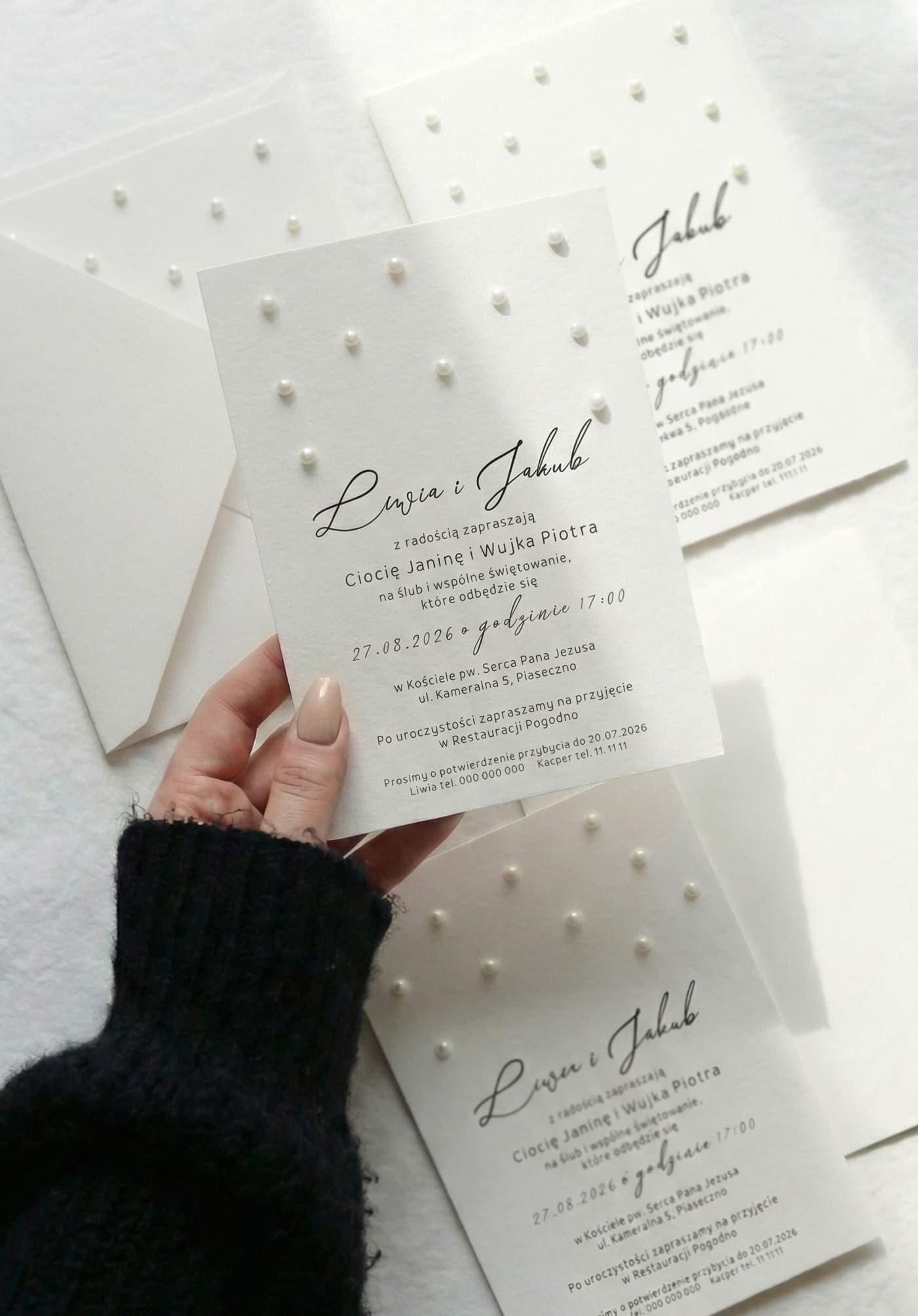 Wedding Invitation Perełki No. 1 – Minimalist Style with Half-Pearl Appliqué