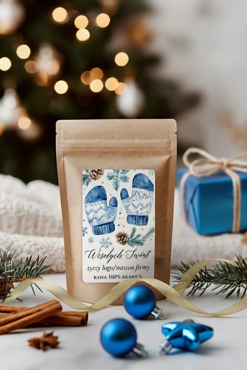 100g corporate coffee with personalized Christmas label, KW10 design with blue mittens and pinecones.