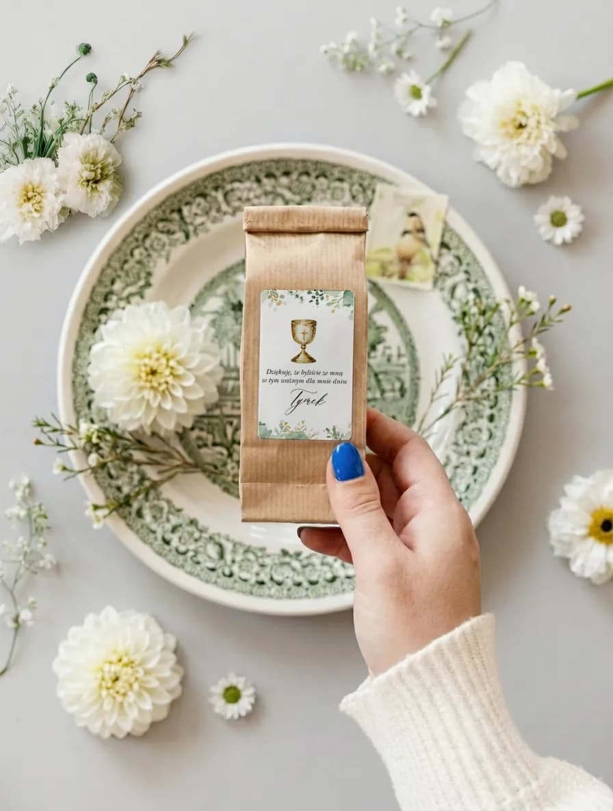 50g Tea as First Holy Communion Favour, Light Label with Chalice and Greenery | Communion Gifts | Matylda No. 2