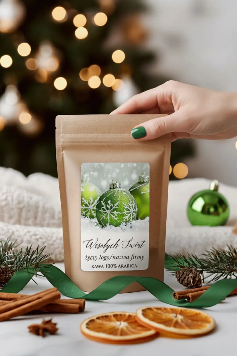 Personalized 100% Arabica coffee as a corporate Christmas gift, with a glowing Christmas tree in the background.