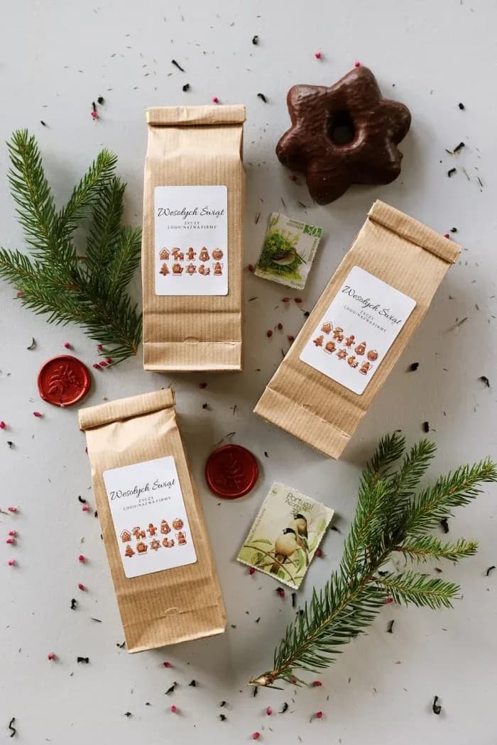 Tea in a kraft bag with a label decorated with brown gingerbread stars and Christmas trees